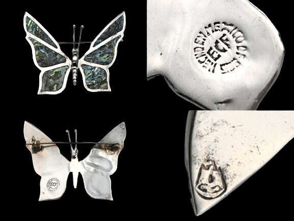Vintage Taxco Sterling Silver & Abalone Butterfly Brooch Pin  display picture 1