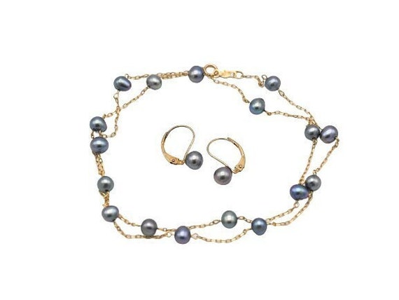 Vintage 10K Yellow Gold Blue Gray Pearl Station N… - image 1