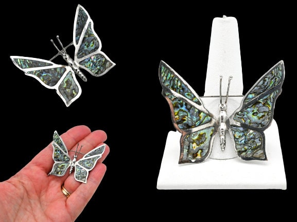 ☑️ Vintage Taxco Mexico Alpaca Silver Abalone Butterfly Barrettes Set of 3 Abalone Butterfly Brooch Vintage Taxco Sterling Silver 3D  main image 4