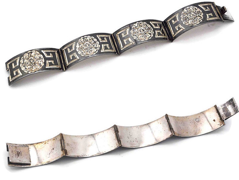 Vintage Mexico Sterling Silver Mayan Sun God Hinged Panel Link Bracelet Black Niello 7 12 Inches #d297 Geometric