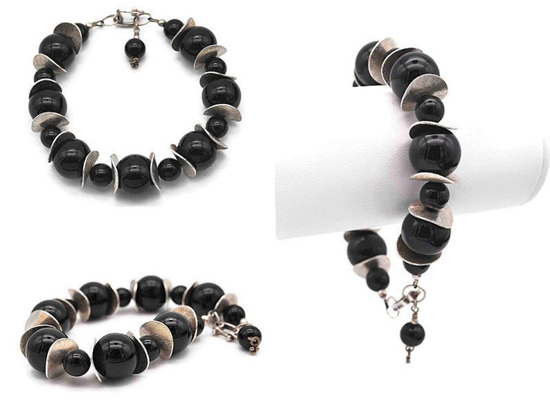 Vintage Artisan Sterling Silver Modernist #d157 Bold Black Onyx Bead and Wavy Disc Bracelet