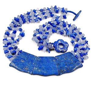 Vintage Sajen Sterling Silver, Lapis Lazuli Slab and Chalcedony Three-Strand Knotted Bead Necklace - Statement #c539