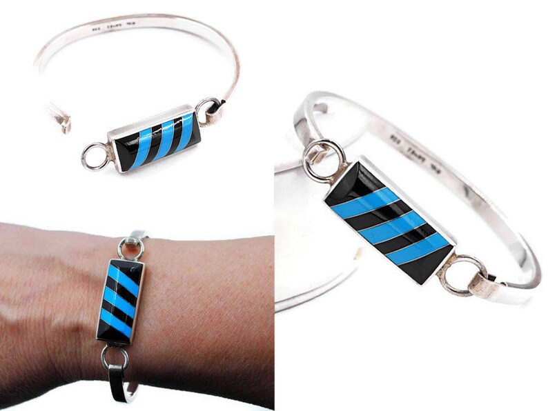 Diagonal Lines Mexico #c359 Vintage Taxco Sterling Silver Blue /& Black Enamel Inlay Hook Bangle Bracelet