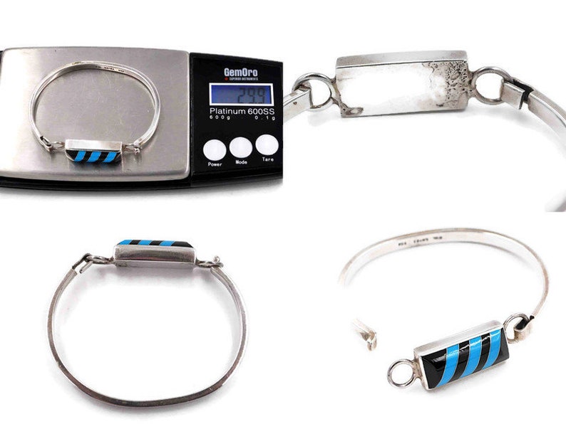 Diagonal Lines Mexico #c359 Vintage Taxco Sterling Silver Blue /& Black Enamel Inlay Hook Bangle Bracelet