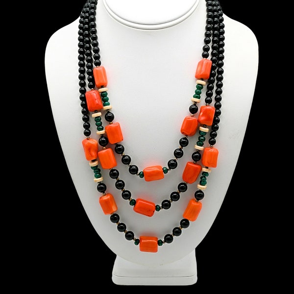 Vintage 14K White Gold Filled Coral and Onyx Triple Strand Beaded Necklace - Multi-Stone - Graduated - 24 Inches #d853