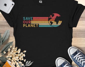May include: Black t-shirt with a retro-style graphic of a globe with the text "SAVE OUR PLANET" in white.