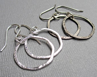 Organic Silver Circle Earrings | Boho Dangle Hoop Earrings | Oxidized Sterling Silver | Free form Circle Earrings | Hammered Circle Earrings