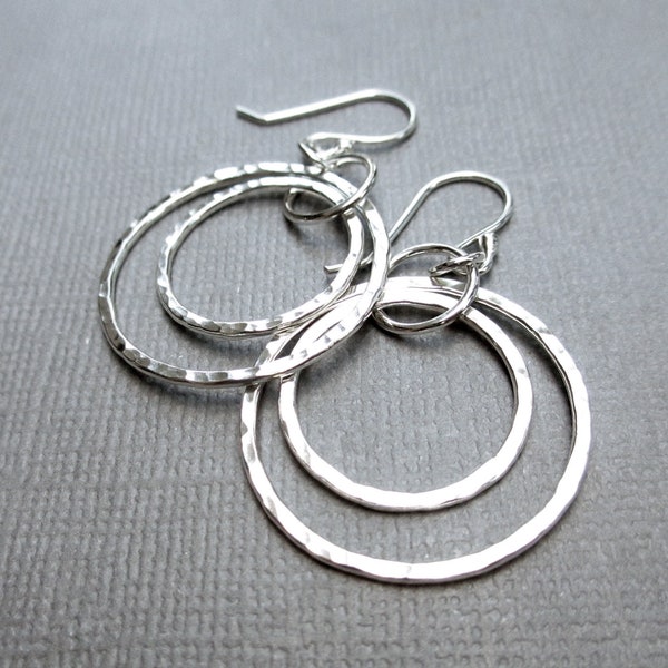 Sterling Silver Dangle Hoop Earrings | Hammered Double Circle Earrings | Mid Size Circle Drop Earrings | Modern Jewelry | Argentium Sterling