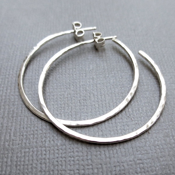 Sterling Silver Post Hoop Earrings | Silver Hoop Earrings | 1.25 inch Hammered Hoops | Argentium Silver |  Classic Everyday Jewelry