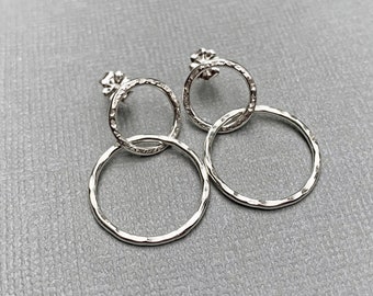 Double Circle Stud Earrings | Sterling Silver Circle Dangle Post Earrings | Minimalist Modern Post Earrings | Hammered Double Hoop Earrings