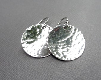 Medium or Med Large Hammered Silver Disc Earrings | Silver Disk Earrings | Circle Earrings | Argentium Sterling | Modern Everyday Jewelry