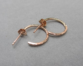 Tiny Rose Gold Fill Post Hoop Earrings | Extra Small Pink Gold Hoop Earrings | .5 inch Hammered Post Hoops | Classic Jewelry | Teeny hoops