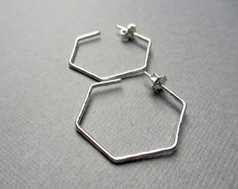 Hexagon Hoop Earrings | Sterling Silver Hexagon Post Earrings | Minimalist Jewelry | Skinny Hammered Hoop Earrings | Argentium Silver