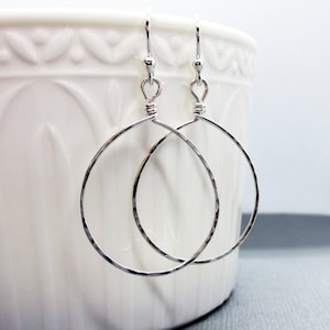 Silver Dangle Hoop Earrings | Argentium sterling silver | Hammered Teardrop Earrings | Medium hoops | Teardrop earrings, Modern Hoops | Boho