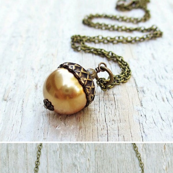Collar de bellota perla / joyería de otoño / collar colgante de bellota, encanto de bellota, latón antiguo, perla Swarovski, bosque, tonos tierra, otoño