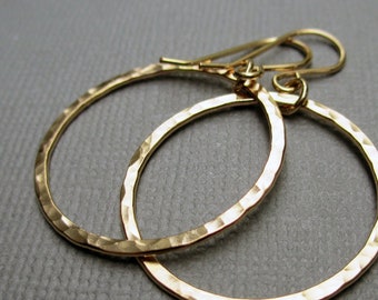 Gold Dangle Hoop Earrings | Gold Fill Hoop Earrings | Hammered Circle Earrings | Modern Hoops | Gold Fill Jewelry | 1 inch hoop earrings