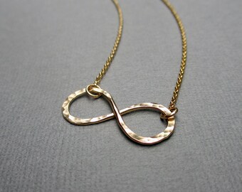 Gold Infinity Necklace, Figure 8 Necklace, Forever Necklace, 14kt Yellow Gold Fill Jewelry, Hammered Infinity Charm, Gift Under 50