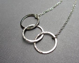 3 Silver Circle Necklace, Argentium Sterling Silver Jewelry Interlocked Circles Ring Necklace, Hammered Circle Necklace, Gift for Sisters