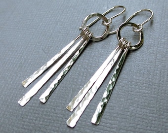 Sterling Silver Fringe Earrings, Hammered Silver Stick Earrings, Modern Jewelry, Tribal, Southwest, Paddle, Delicate, Argentium, Under 50