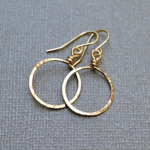 Gold Earrings | Dangle Hoop Earrings |Small Gold Fill Hoop Earrings | 14 KT Gold Fill | Hammered Hoops | Modern | Minimalist | Gift Under 50