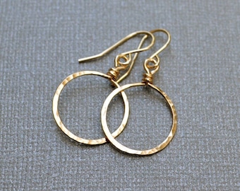 Gold Earrings | Dangle Hoop Earrings |Small Gold Fill Hoop Earrings | 14 KT Gold Fill | Hammered Hoops | Modern | Minimalist | Gift Under 40