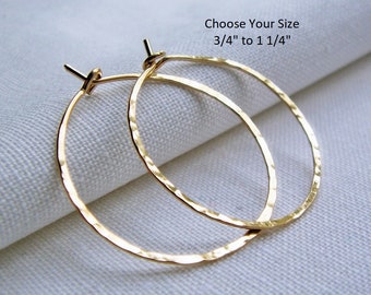 Gold Hoops Earrings | Gold Fill Hoop Earrings | .75 to 1.25 inch | Thin Hammered Hoops | Dainty Simple Classic Plain Hoops | 14Kt Gold Fill