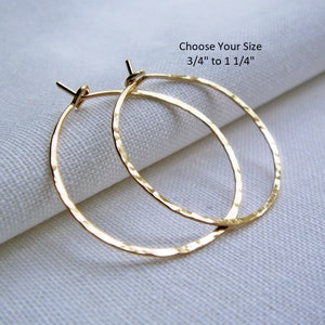 Gold Hoops Earrings | Gold Fill Hoop Earrings | .75 to 1.25 inch | Thin Hammered Hoops | Dainty Simple Classic Plain Hoops | 14Kt Gold Fill