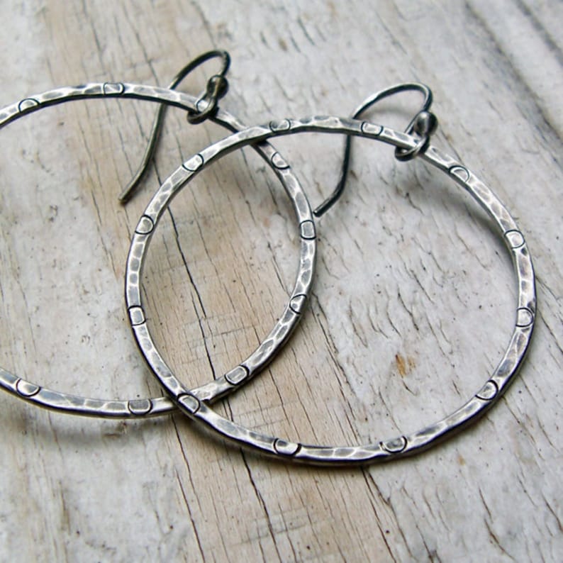 Sterling Silver Hammered Hoop Earrings Oxidized Silver Hoops Etsy