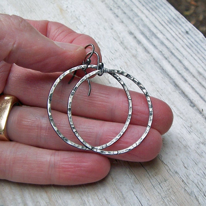 Sterling Silver Hammered Hoop Earrings Oxidized Silver Hoops Etsy