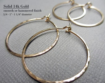 Solid Gold Hoop Earrings 14K | Thin Gold Hoops | Hammered Hoop Earrings | 19 Gauge | Lightweight Delicate Skinny Hoops | Solid Gold Jewelry