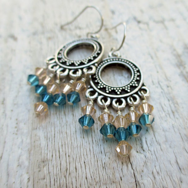 Chandelier Earrings - Swarovski Crystal, Bohemian, Ethnic, Chevron, Teal blue/Peach, Sterling Silver, Silver Plated