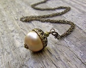 Acorn Necklace -  Antiqued Brass, Swarovski Crystal Pearl, Almond, Woodland, Autumn, Nature