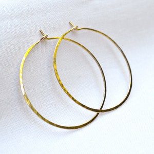 1.5 inch Gold filled Hoop Earrings 18G Hammered Hoops Yellow Gold Fill Hoops 1.5 inch Diameter Modern Boho Skinny Hoops Gift Under 50 image 5