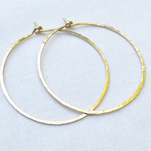 1.5 inch Gold filled Hoop Earrings 18G Hammered Hoops Yellow Gold Fill Hoops 1.5 inch Diameter Modern Boho Skinny Hoops Gift Under 50 image 1