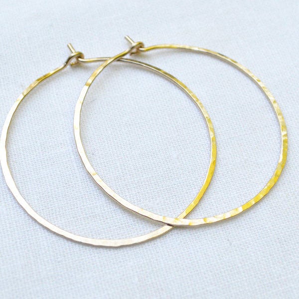 1.5 inch Gold filled Hoop Earrings | 18G Hammered Hoops |Yellow Gold Fill Hoops| 1.5 inch Diameter |Modern Boho Skinny Hoops | Gift Under 50