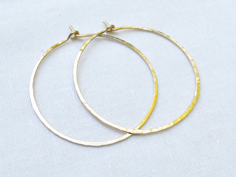 1.5 inch Gold filled Hoop Earrings 18G Hammered Hoops Yellow Gold Fill Hoops 1.5 inch Diameter Modern Boho Skinny Hoops Gift Under 50 image 1