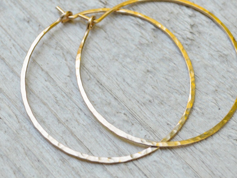 1.5 inch Gold filled Hoop Earrings 18G Hammered Hoops Yellow Gold Fill Hoops 1.5 inch Diameter Modern Boho Skinny Hoops Gift Under 50 image 2