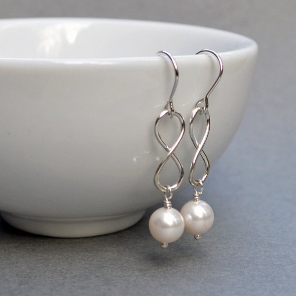 Silver Infinity Earrings - Cream Swarovski Pearl, Infinity Link, Sterling Silver,Gift Under 30