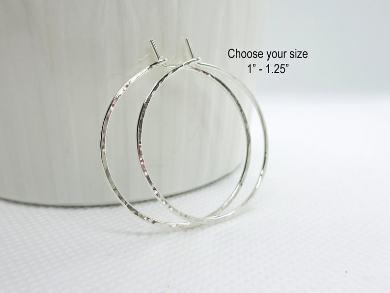 Sterling Silver Hoop Earrings Silver Hoop Earrings Hammered Hoops Dainty Simple Plain Thin Hoops Size Small Medium Argentium image 1