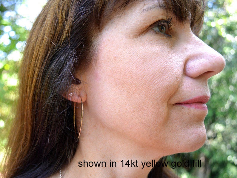 1.5 inch Gold filled Hoop Earrings 18G Hammered Hoops Yellow Gold Fill Hoops 1.5 inch Diameter Modern Boho Skinny Hoops Gift Under 50 image 3