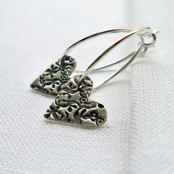 Heart Charm Earrings, Sterling Silver Hoop Earrings, Argentium Sterling Silver, PMC Jewelry, Valentine, Romantic, Gift for Her, Under 30