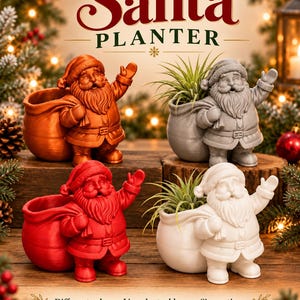 May include: Four Santa Claus planters in copper, grey, red, and white colors. Each planter features a standing Santa figure with a large sack attached to the side. The text "Santa PLANTER" is displayed at the top, and "Different colors • Live plant add-ons • Size options" is at the bottom.