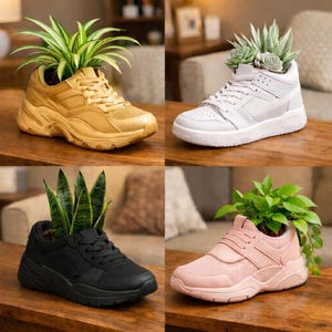 Könnte beinhalten: Vier Turnschuhe, die als Pflanzgefäße umfunktioniert wurden, jede mit einer anderen Pflanzenart. Die Turnschuhe sind in Gold, Weiß, Schwarz und Rosa gehalten. Der goldene Schuh ist ein klobiger Stil, der weiße ist ein High-Top, der schwarze ein Laufschuh und der rosa ein Low-Top.