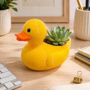 Könnte beinhalten: Ein gelber, entenförmiger Blumentopf mit orangefarbenem Schnabel, der eine kleine Sukkulente enthält. Der Topf steht auf einem Holztisch. Eine Tastatur und ein Notizblock sind im Hintergrund. Ein dekorativer Artikel.