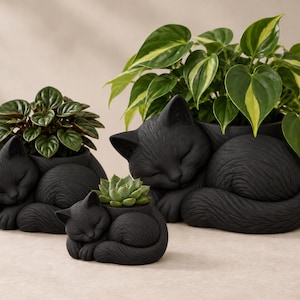 May include: Three matte black ceramic planters shaped like sleeping cats in varying sizes. Each planter features a curled feline form with textured fur details and a hollow opening on the back to hold a small green plant or succulent.