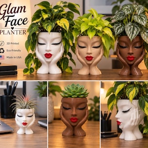 May include: A collection of Glam Face Planters in white, tan, and brown finishes. Each planter features a sculpted human face with closed eyes, long black eyelashes, and bright red lips, with hands cupping the chin. Plants are shown inside.