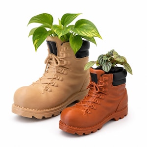 May include: Two boot-shaped planters, one in light beige and one in rust orange, each featuring black padded collars and matching laces. The beige boot holds a green leafy plant, while the smaller orange boot contains a small patterned plant.