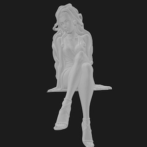 May include: A matte white figurine of a seated figure with long, flowing hair that resembles snakes. The figure wears a sleeveless dress and strappy sandals, sitting with legs crossed at the knee on a flat, narrow ledge against a dark background.