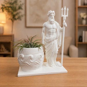 Op de afbeelding: Een witte decoratieve plantenbak met een golf- en geometrisch patroon, met een kleine plant, naast een wit beeld van de Griekse god Poseidon met een drietand. Het beeld en de plantenbak staan op een witte basis.