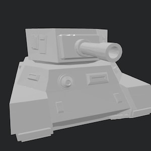 May include: A light gray, low-poly 3D model of a tank featuring a central turret with a cylindrical barrel, a sloped front hull, and geometric panel details on the sides and top. The design consists of sharp, angular surfaces and flat planes.